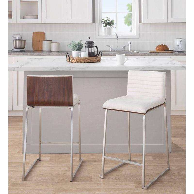 Set of 2 Cream and Walnut Counter Height Barstools with Stainless Steel Base