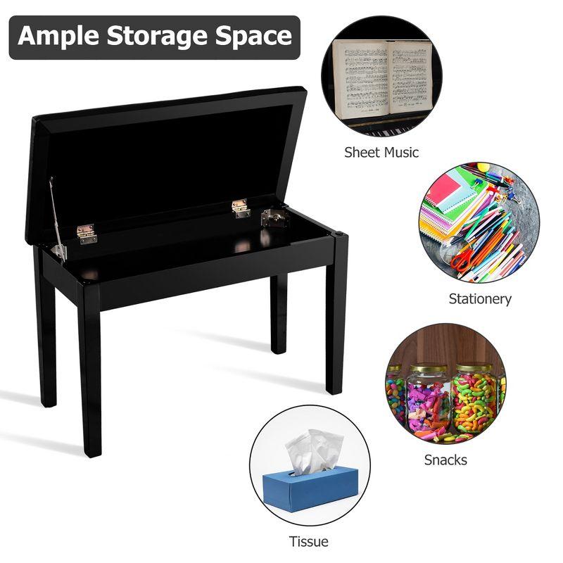 Tangkula PU Leather Piano Bench Solid Wood Padded Double Duet Keyboard Seat w/ Storage Box Black