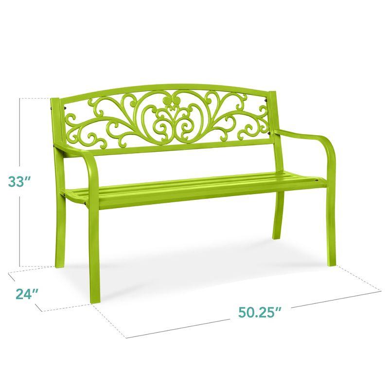 World Menagerie Outdoor Steel Bench with Floral Backrest & Slatted Seat, Marigold for Garden, Patio, Porch, Lawn, and Deck