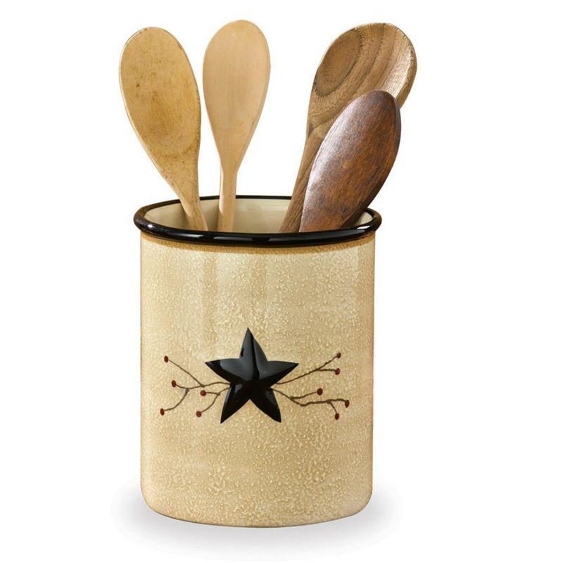 Hand-Painted Beige Ceramic Utensil Crock with Black Star