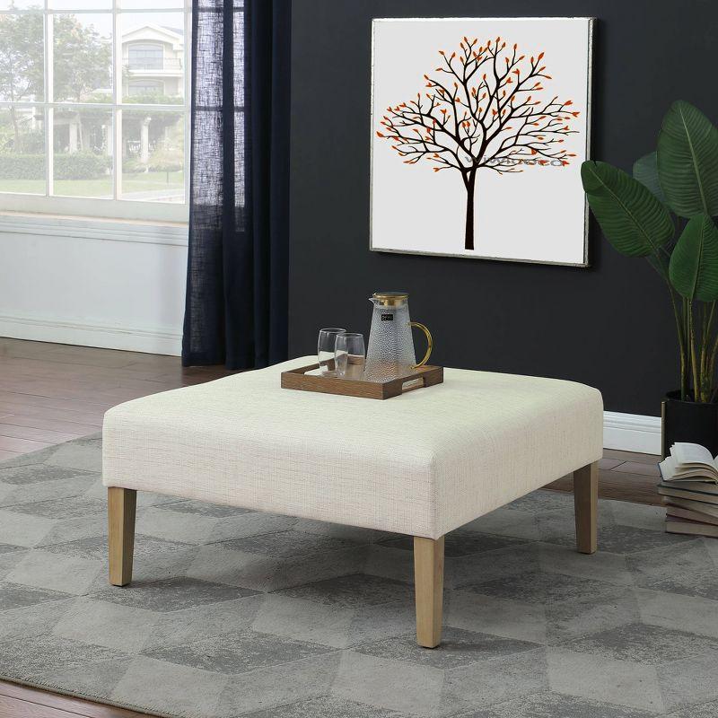 Transitional Square Cream Woven Ottoman Coffee Table with Natural Wood Legs