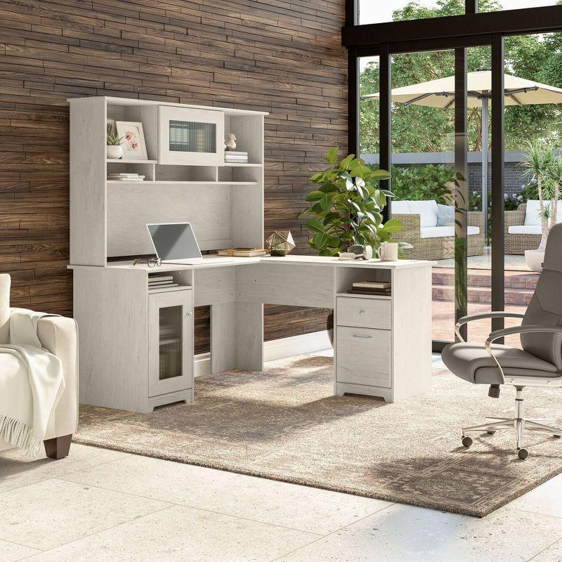 Cabot 60W L Shaped Computer Desk with Hutch Linen White Oak - Bush Furniture: Executive Workspace, File Storage