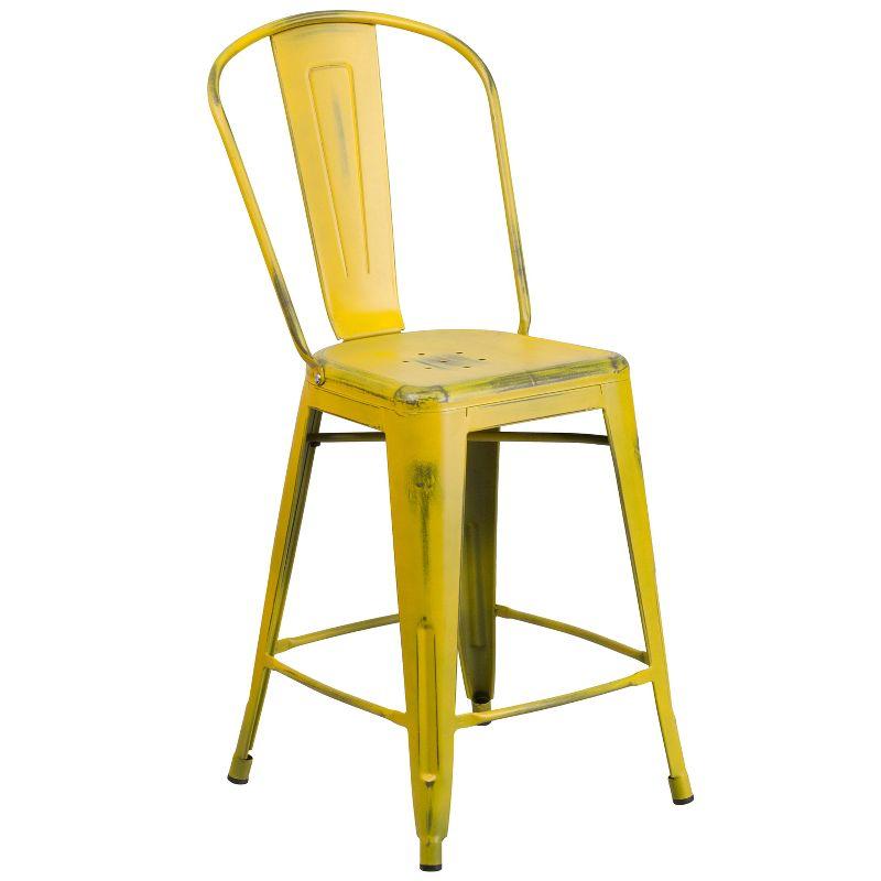 24" Yellow Distressed Metal Indoor-Outdoor Counter Stool