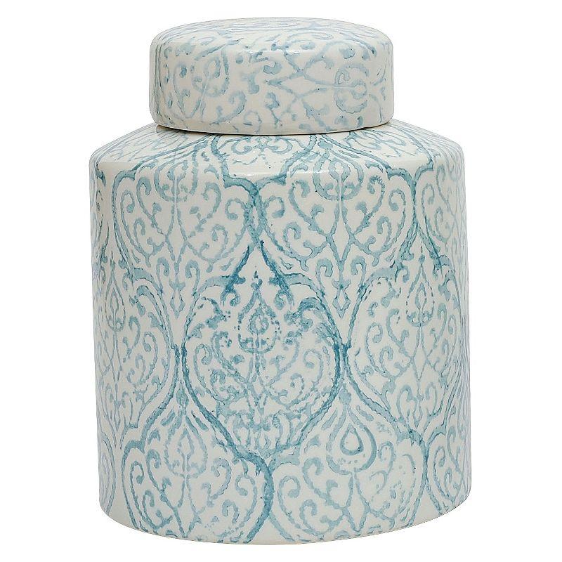 Elegant Blue and White Floral Ceramic Ginger Jar, 10" High