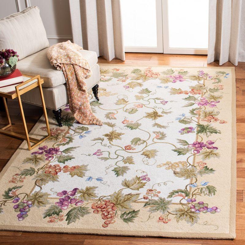 Ivory Floral Hand-Hooked Wool Area Rug, 3'9" x 5'9"