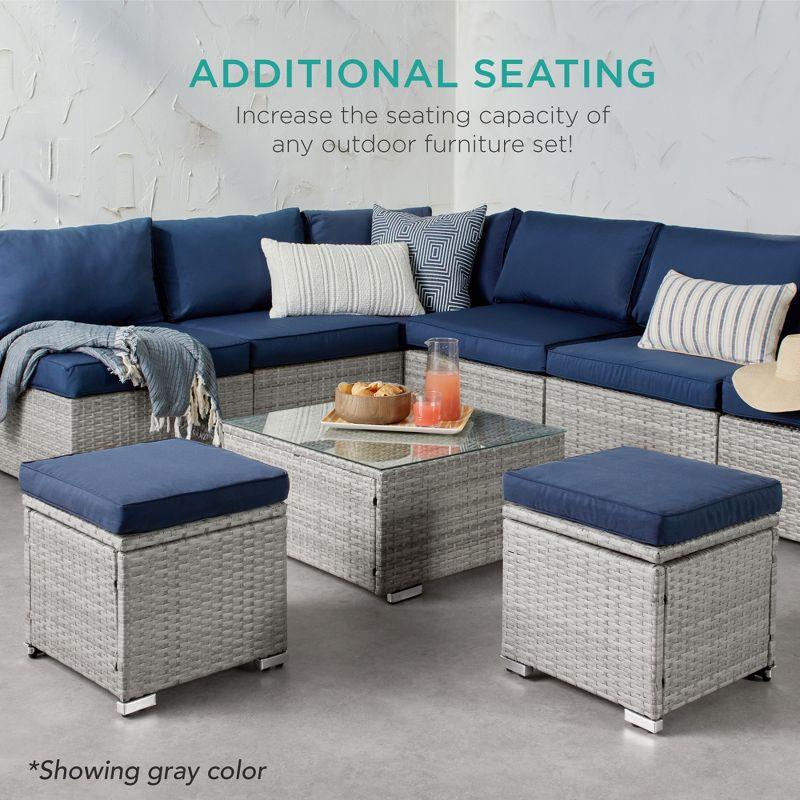 Gray and Navy Wicker Outdoor Ottomans with Cushions and Storage