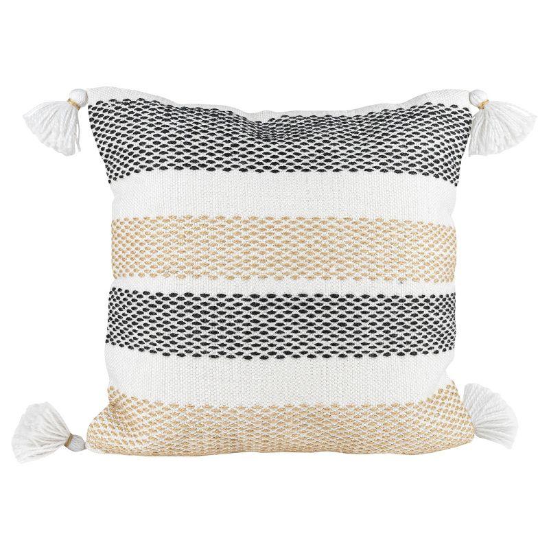 Tan and Black Hand Woven Outdoor Pillow with Tassels