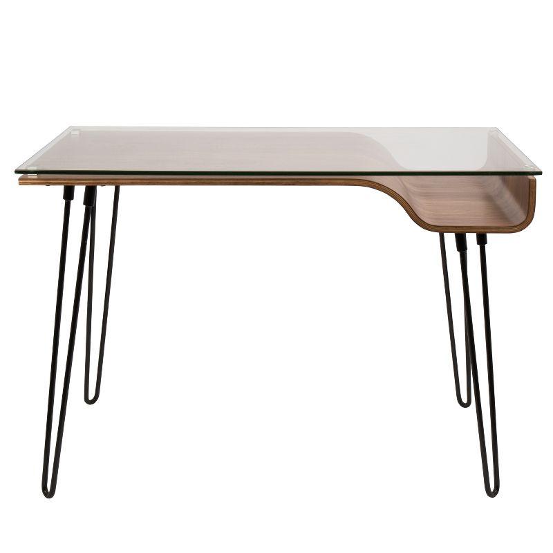 LumiSource Avery Mid Century Modern Desk Walnut : Tempered Glass Top, Wood & Metal Frame, All Purpose Drawer