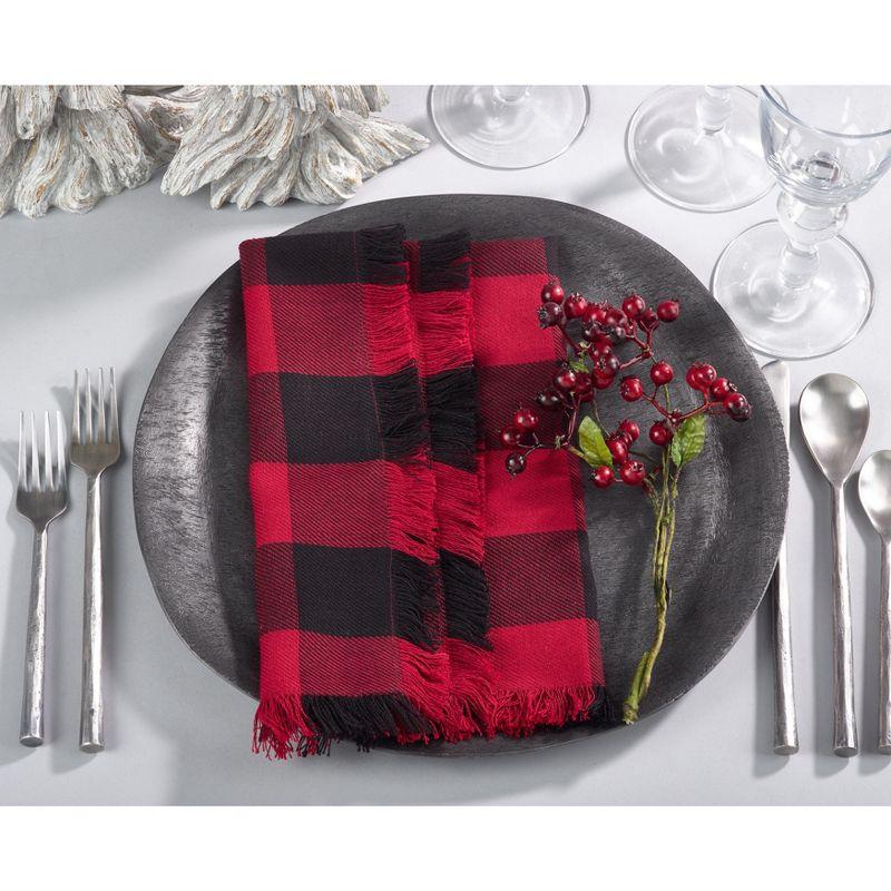 Red and Black Fringed Buffalo Plaid Cotton Napkins, Set of 4