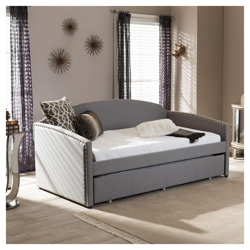 Gray Twin Linen Nailhead Trim Sleeper Daybed with Trundle