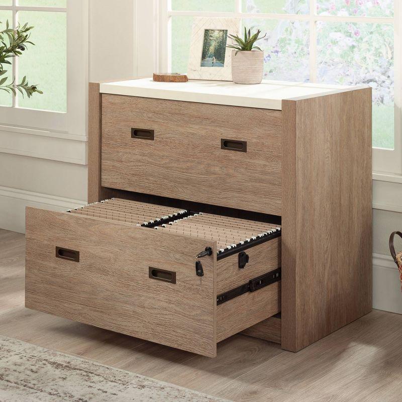 Brushed Oak 2-Drawer Lockable Lateral File Cabinet with Pebble White Accent