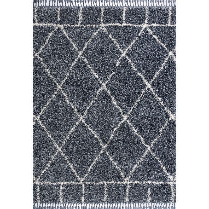 4'x6' Mercer Shag Plush Tassel Moroccan Geometric Trellis Area Rug, Denim/Cream - JONATHAN Y