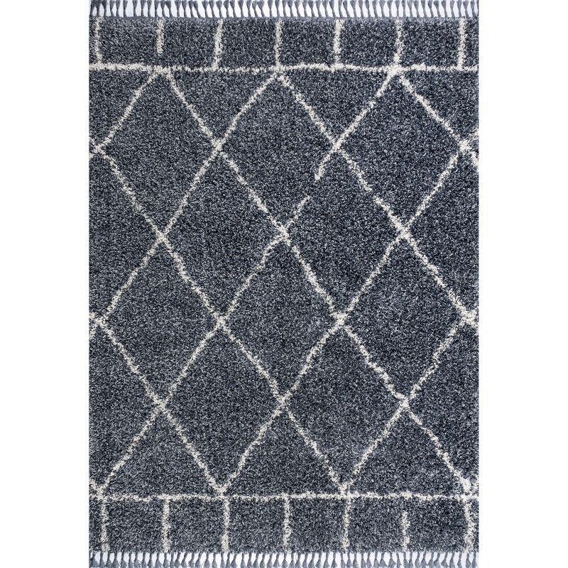 Handmade Denim Blue & Cream Moroccan Geometric Shag Rug 4' x 6'