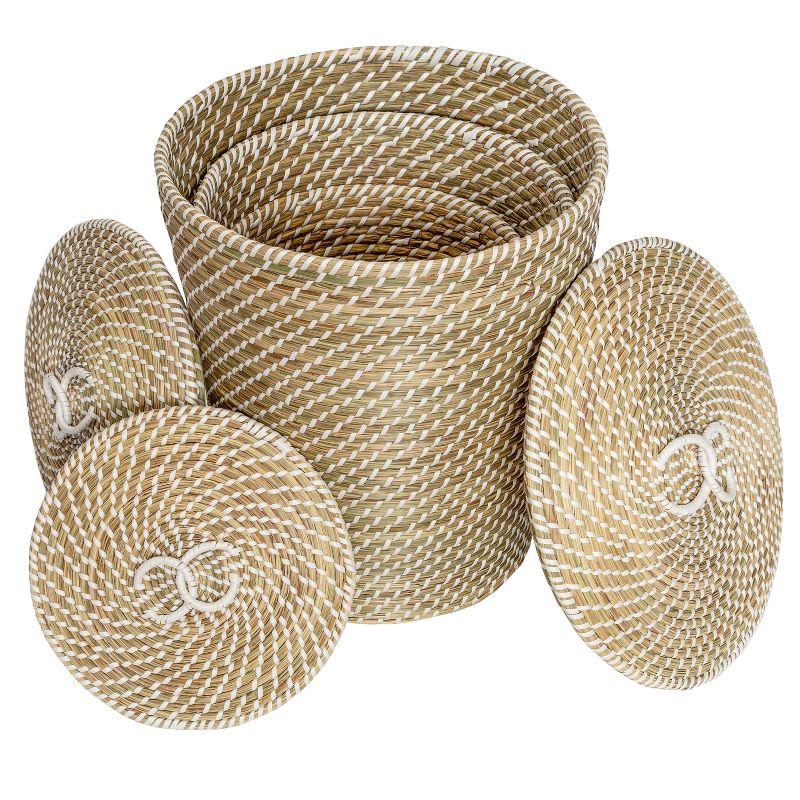 Natural Seagrass Round Nesting Storage Basket Set with Lids