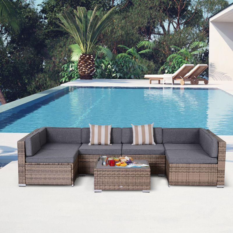 Outsunny 7-Piece Patio Furniture Set, Outdoor Wicker Conversation Set, All Weather PE Rattan Sectional Sofa w/ Faux Wood Table, Stripe Pillows, Gray