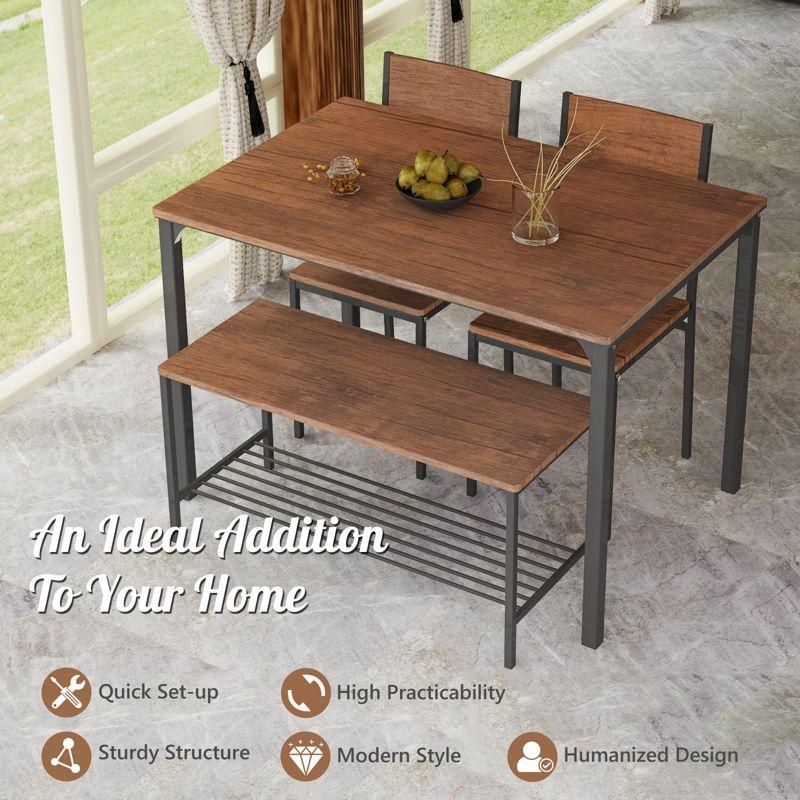 Costway 4pcs Dining Table Set Rustic Desk 2 Chairs & Bench w/ Storage Rack Brown