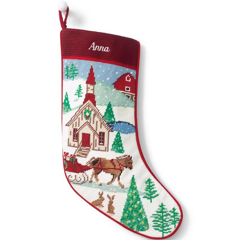 Holiday Village Needlepoint Christmas Stocking with Velvet Back