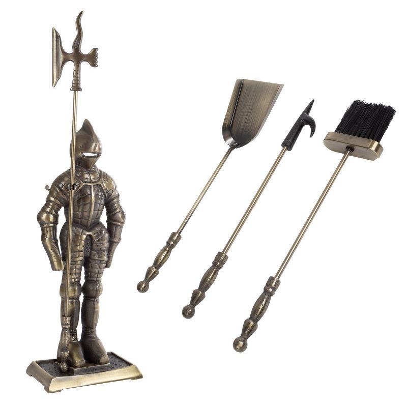 3-Piece Fireplace Tool Set- Medieval Knight Cast Iron Statue Holds Heavy Duty Essential Tools - Includes Shovel, Broom & Poker by Lavish Home