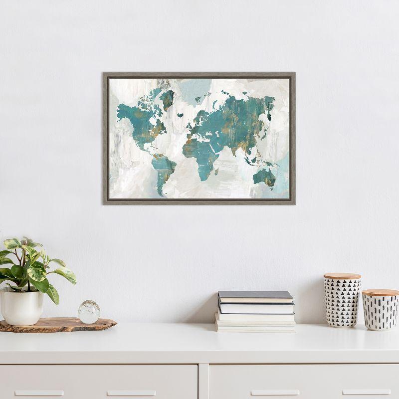 Amanti Art Teal World Map by Pamela Collabera Canvas Wall Art Print Framed 23 x 16-in.