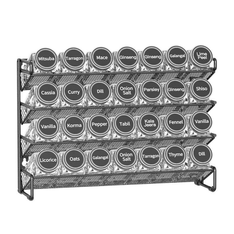 Spice Rack Organizer with 28 Spice Jars - Includes 386 Spice Labels, Chalk Marker, and Funnel Set for Cabinet, Countertop, Pantry, Cupboard, or Door & Wall Mount, 13.4" W × 10.8" H, Black