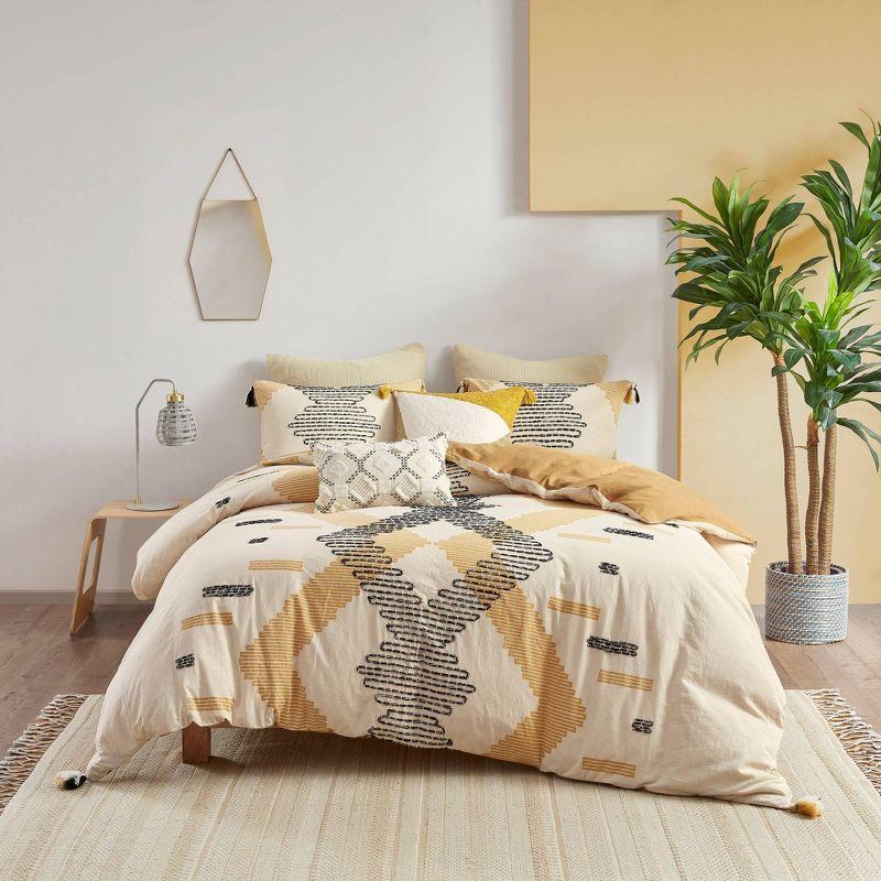 Full/Queen Yellow Cotton Duvet Cover Set with Tassels