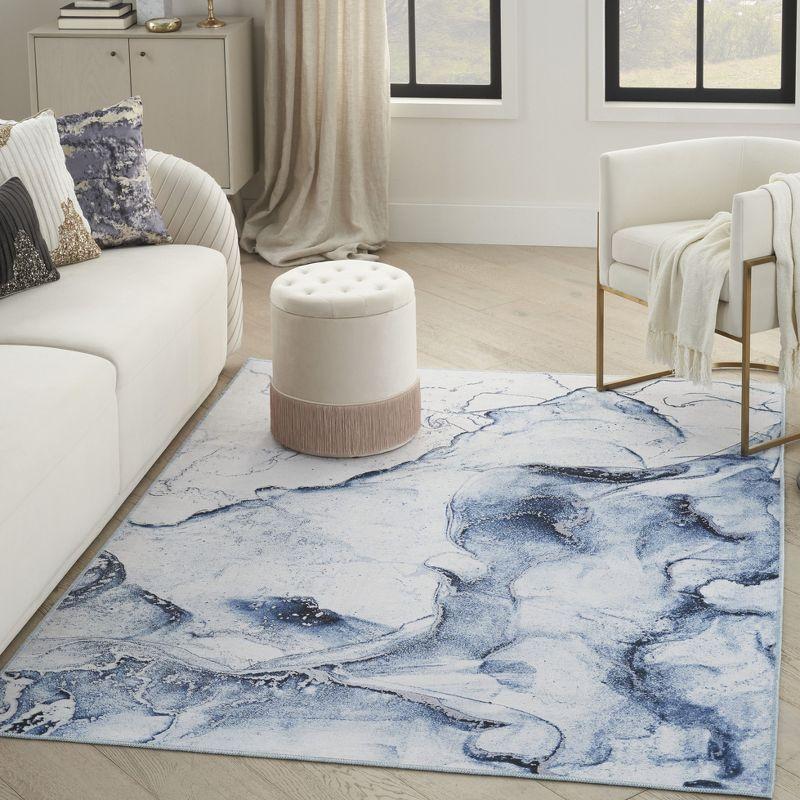 Ivory Blue Abstract Marble Washable Area Rug 5' x 7'