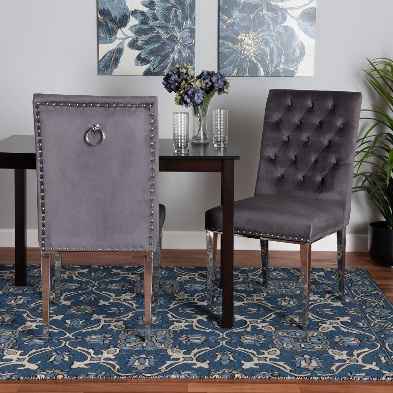 Baxton Studio Caspera Contemporary Glam and Luxe Grey Velvet Fabric and Silver Metal 2-Piece Dining Chair Set