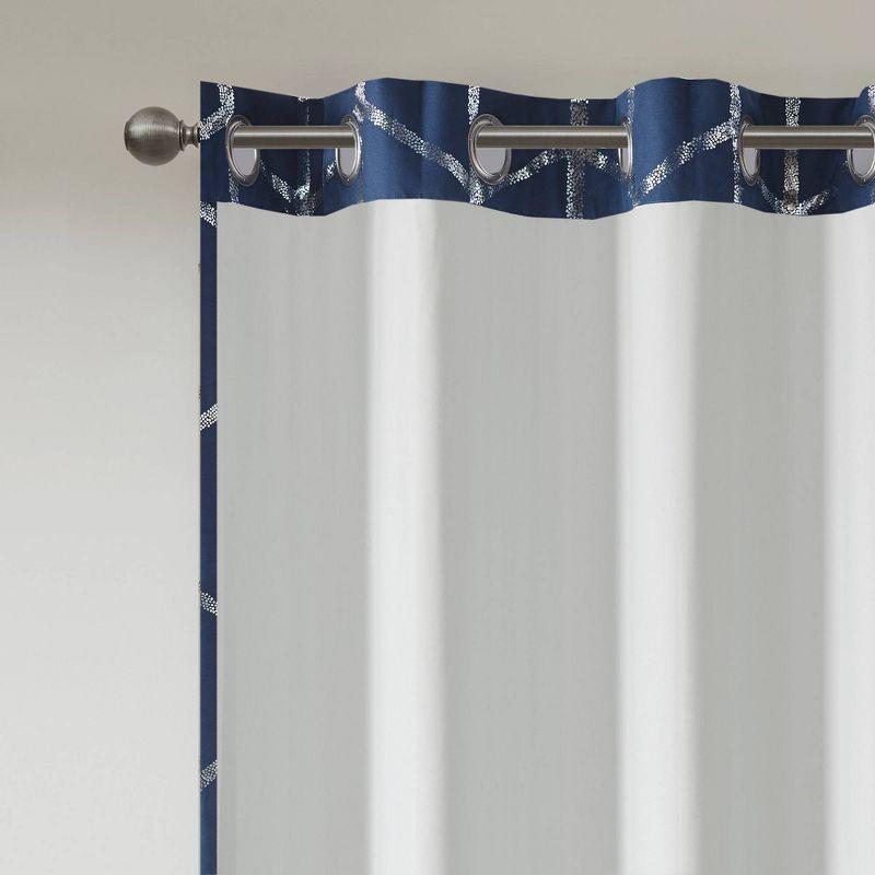 63"x50" Arielle Total Blackout Metallic Printed Curtain Panel Navy: Intelligent Design, Geometric Grommet Top, Energy Efficient