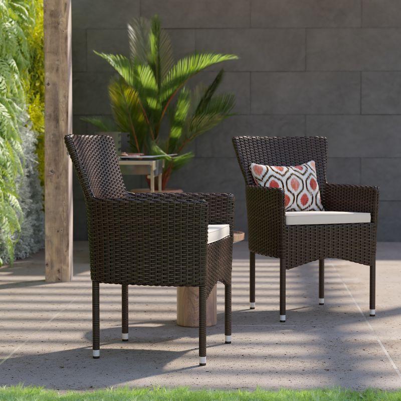 Espresso Brown Wicker Patio Dining Chairs with Cream Cushions, Set of 2