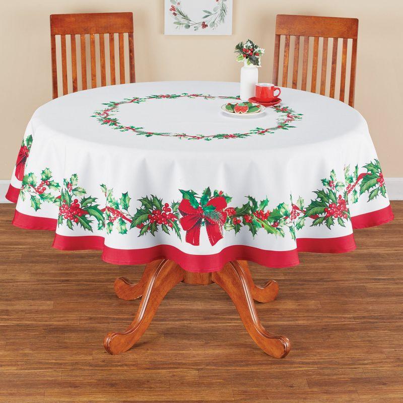 Festive Holly Berry Round Red and White Polyester Tablecloth