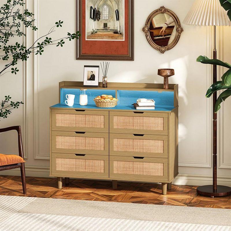 Rattan 6-Drawers Storage Cabinet, 43.31" Dresser with LED Lights and Power Outlet for Entryway, Living Room, Bedroom,Natural