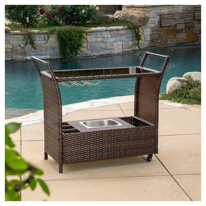 GDFStudio Lourdes Outdoor Wicker and Aluminum Serving Bar Cart, Multibrown