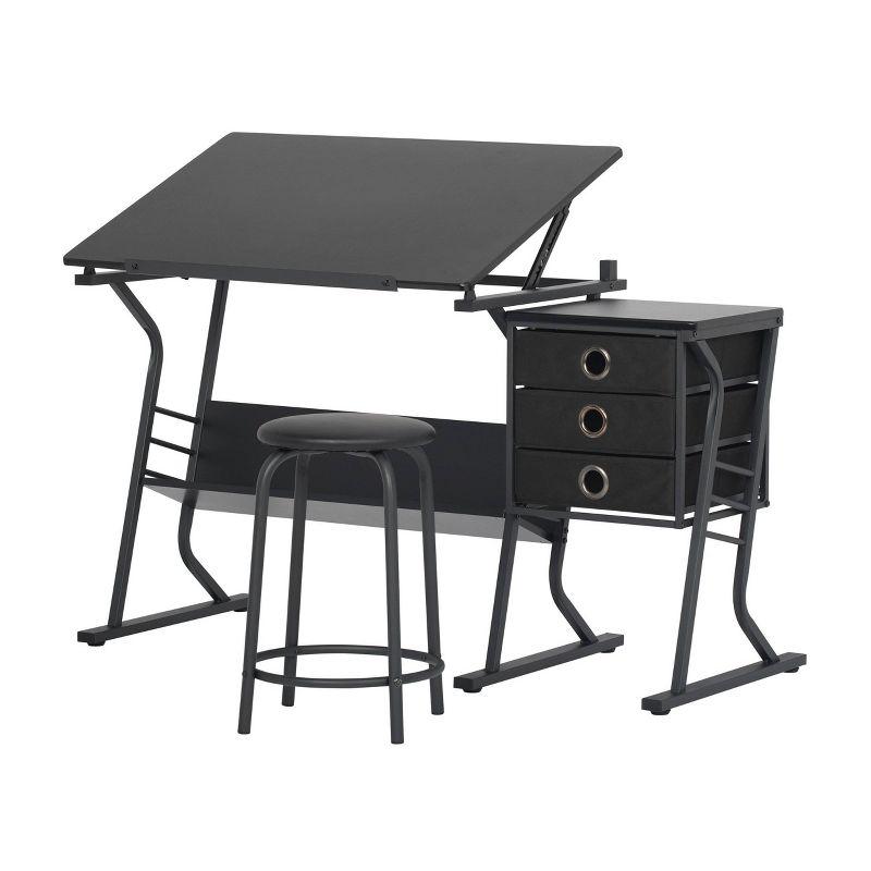 Studio Designs Home 2pc Eclipse Ultra Center/Drawing Table with Angle Adjustable Top, Storage Shelf, and Drawers with Padded Stool Set Black