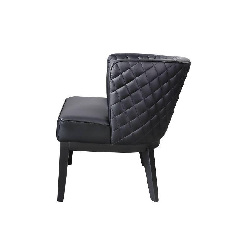 Elegant Quilted Black Leather Barrel Accent Chair with Wood Base