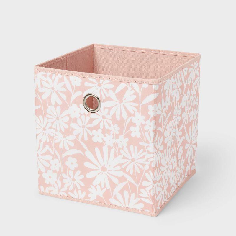 11" Pink Floral Fabric Storage Bin with Chrome Grommet