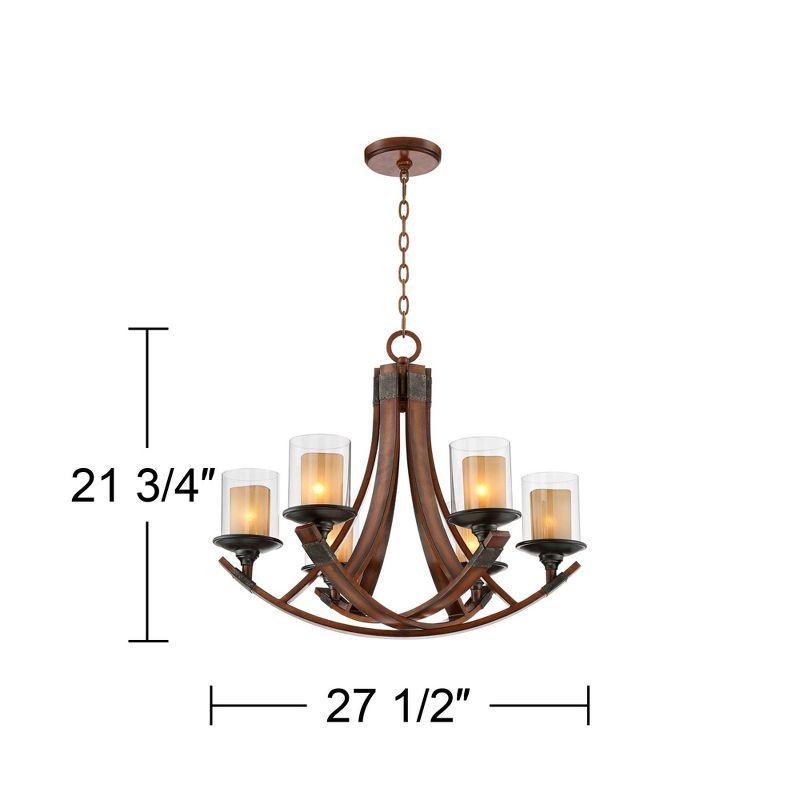 Franklin Iron Works Mahogany Wood Finish Chandelier 27 1/2" Wide Rustic Curving Clear Outer Scavo Inner Glass 6-Light Fixture Dining Room