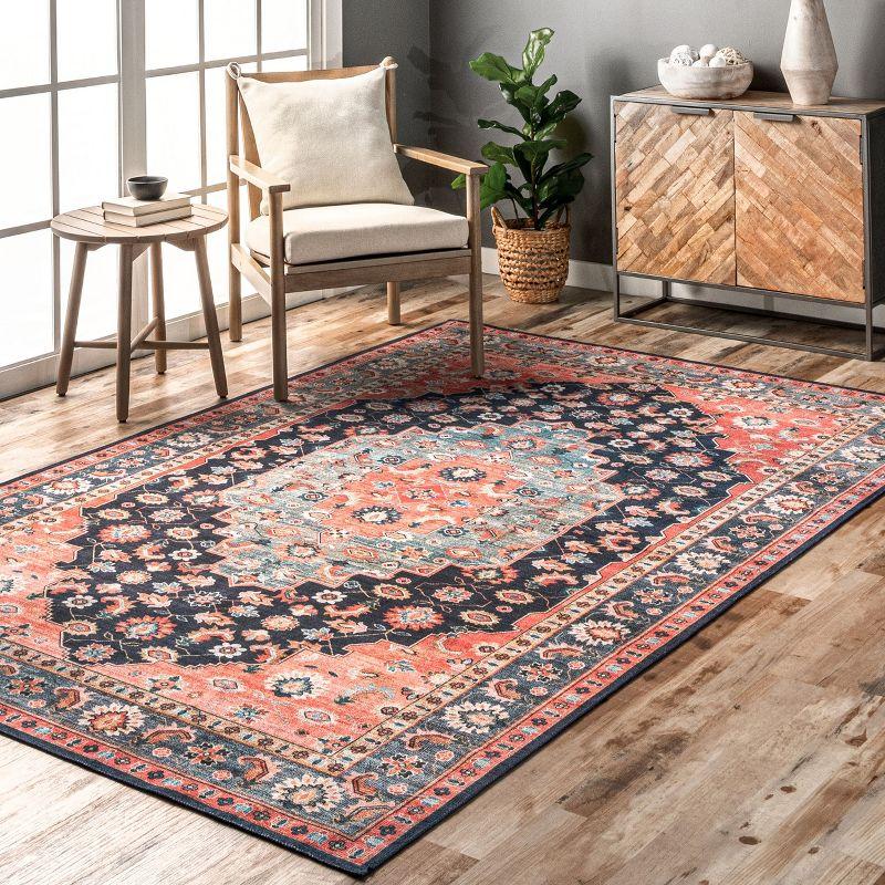 Nuloom Francis Persian Medallion Machine Washable Indoor Area Rug Blue 4' x 6'