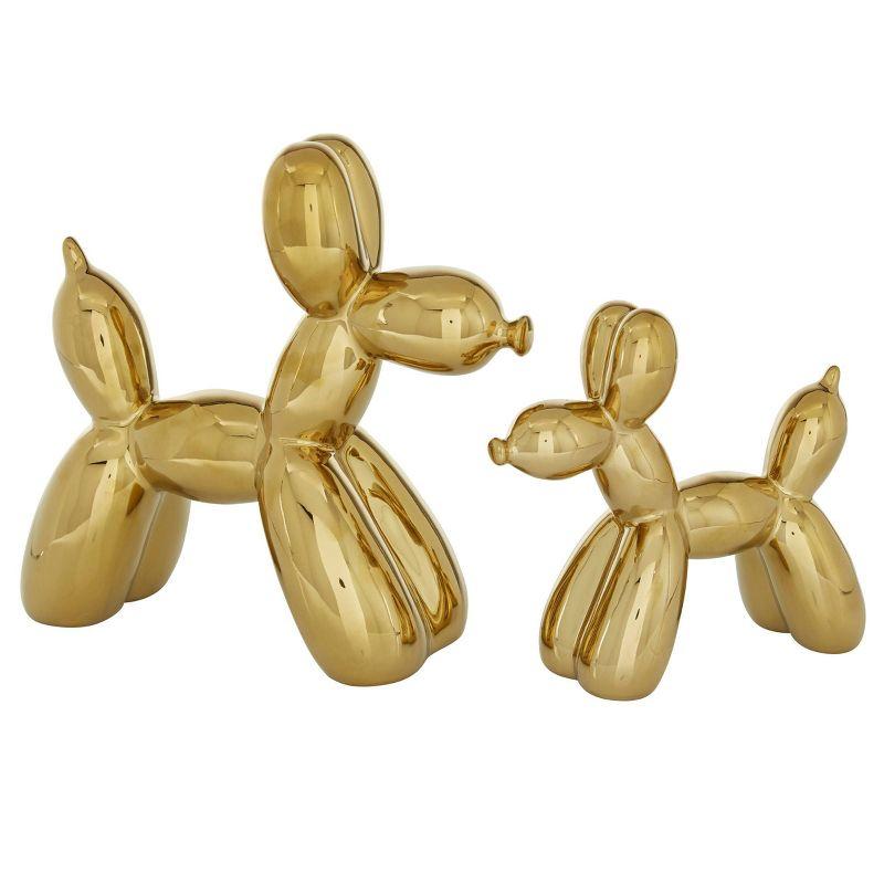 Gold Glossy Finish On Ceramic Balloon Dog Sculptures, Set Of 2: 7", 9"