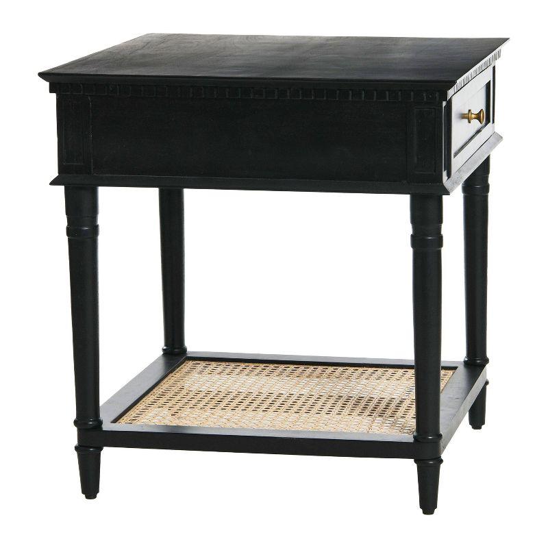 Storied Home Maxwelton End Table Black: Elegant Square Nightstand with Storage Drawer & Cane Shelf