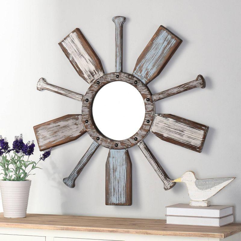 Montauk Weathered Boat Paddle Wall Mirror White/Blue - StyleCraft: No Assembly, Round Shape, Glass & Iron
