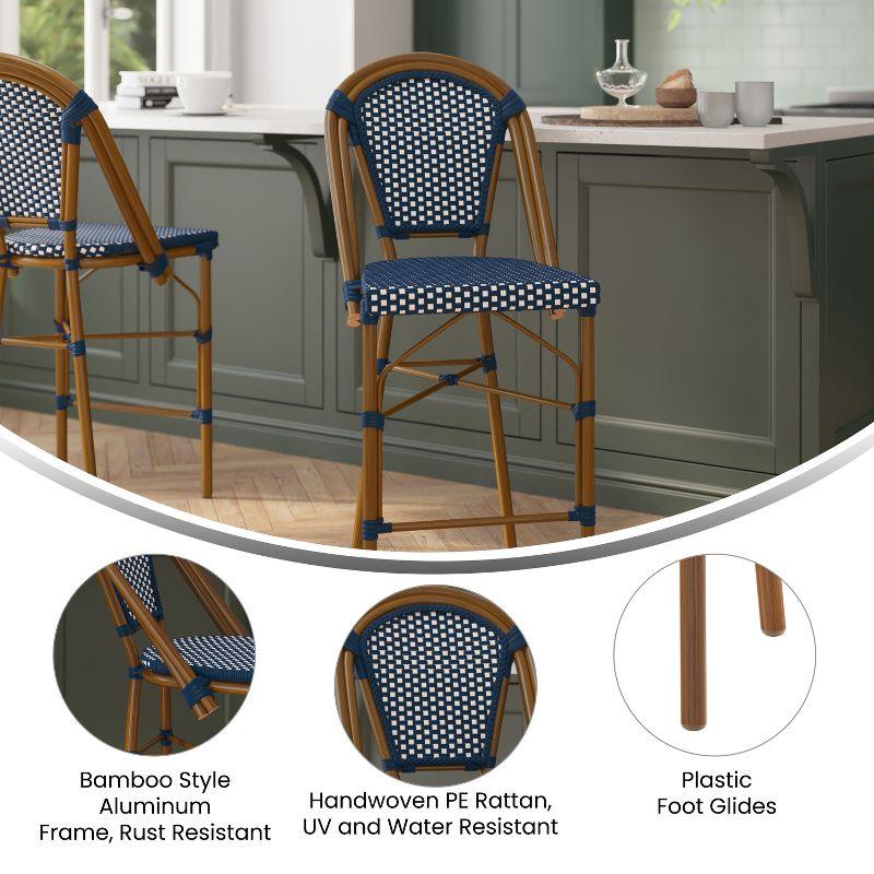 Emma & Oliver Soie Set of Two Stacking Bistro Chairs with Navy and White PE Seat and Back and Bamboo Finished Aluminum Frame for Indoor/Outdoor Use