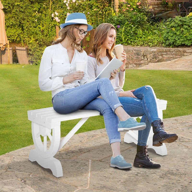 Outsunny 2-Person Wooden Garden Bench, Outdoor Wagon Wheel Porch Bench for Backyard Garden, Support 550 LBS, Rustic Country Style, White