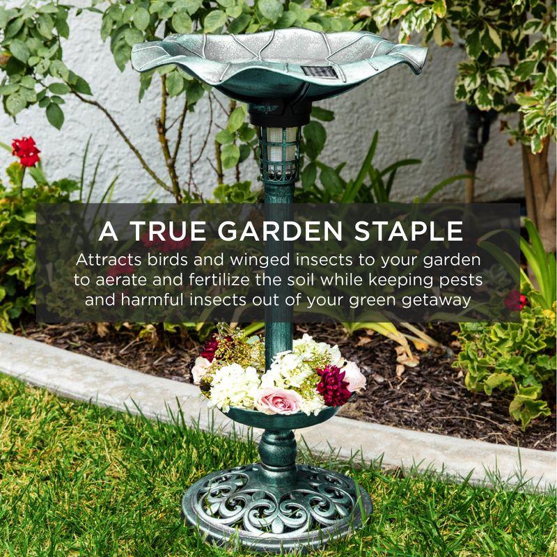 Green Solar Lighted Pedestal Bird Bath with Planter