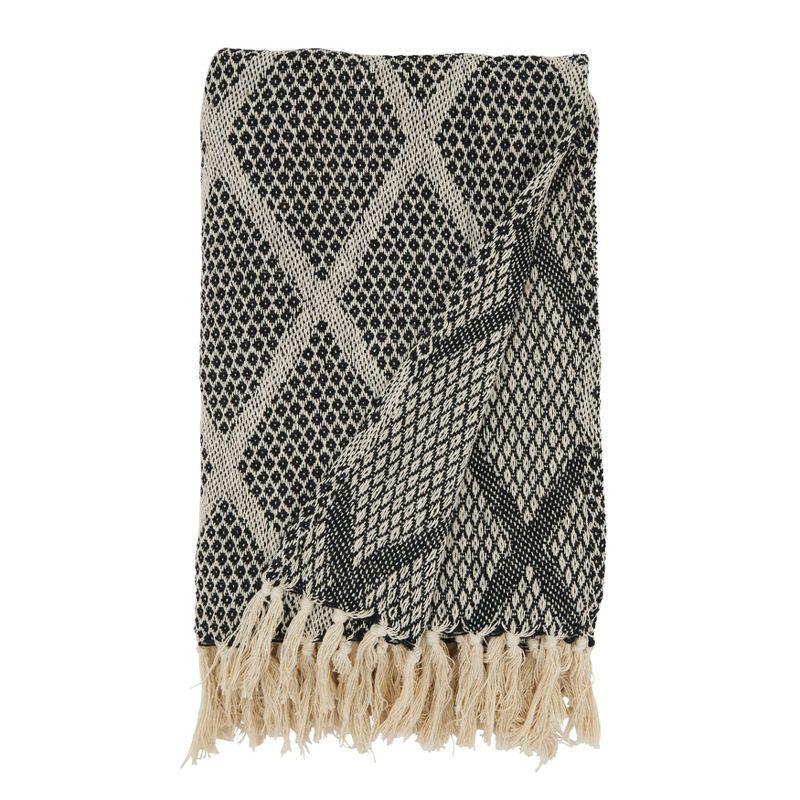 Black and Beige Diamond-Patterned Knit Fringed Cotton Throw, 50"x60"