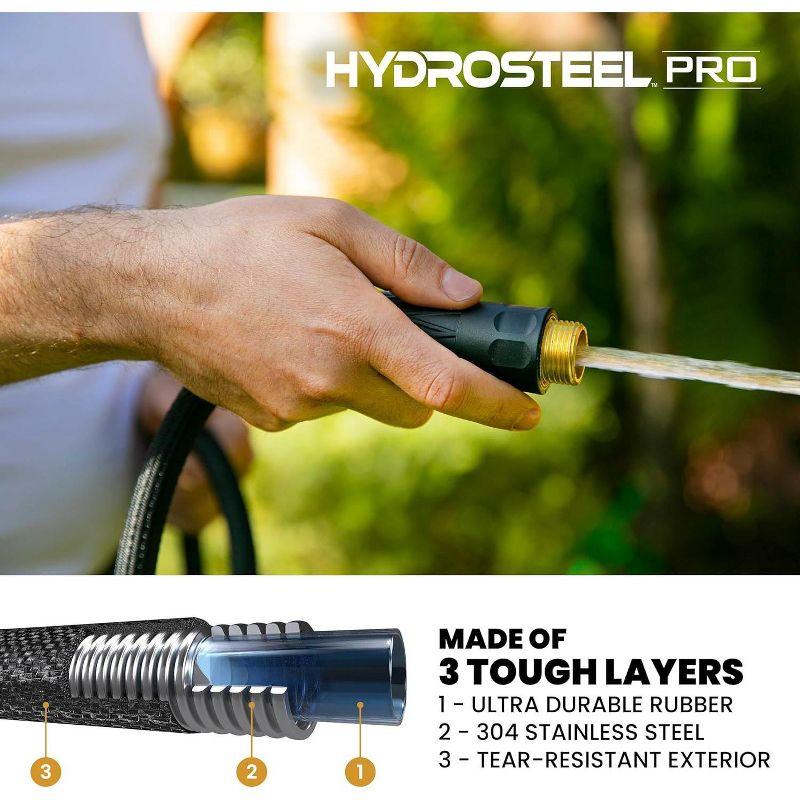 Hydrosteel Pro 50 Ft Heavy-Duty Flexible Lightweight 304 Stainless Steel Metal Water Hose with Brass Nozzle