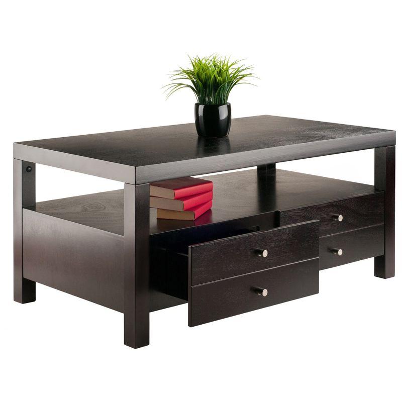 Copenhagen Coffee Table Espresso - Winsome: 2 Drawers, Open Shelf, Rectangular Wood Composite