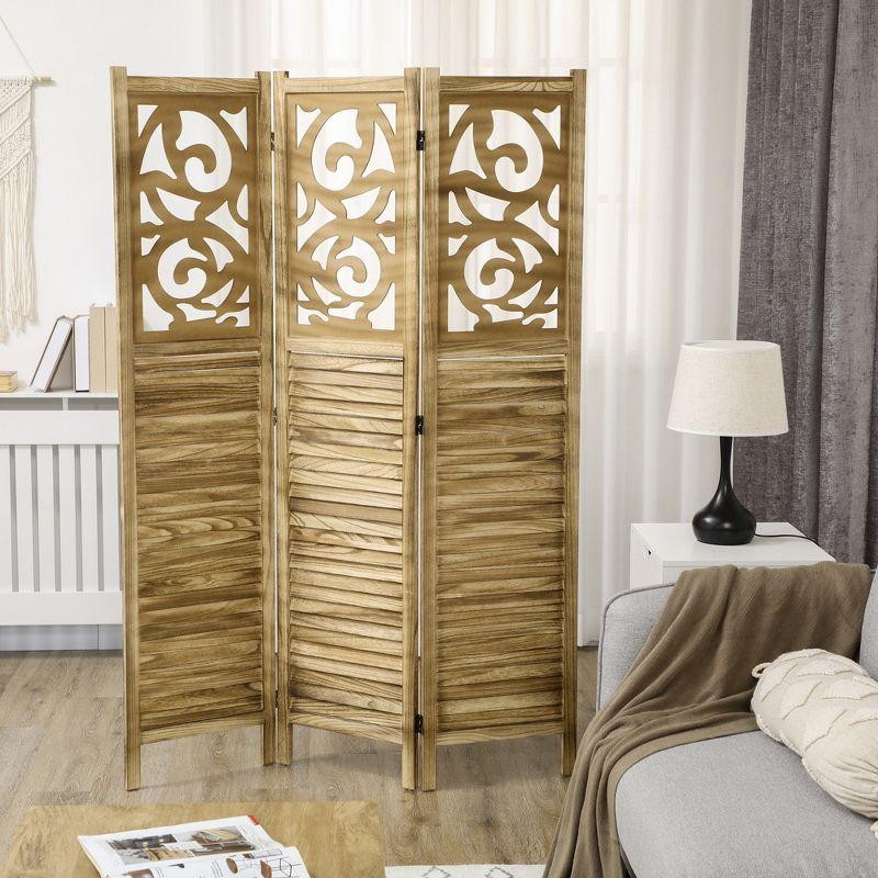 Brown Wood 3-Panel Folding Room Divider with Floral Design