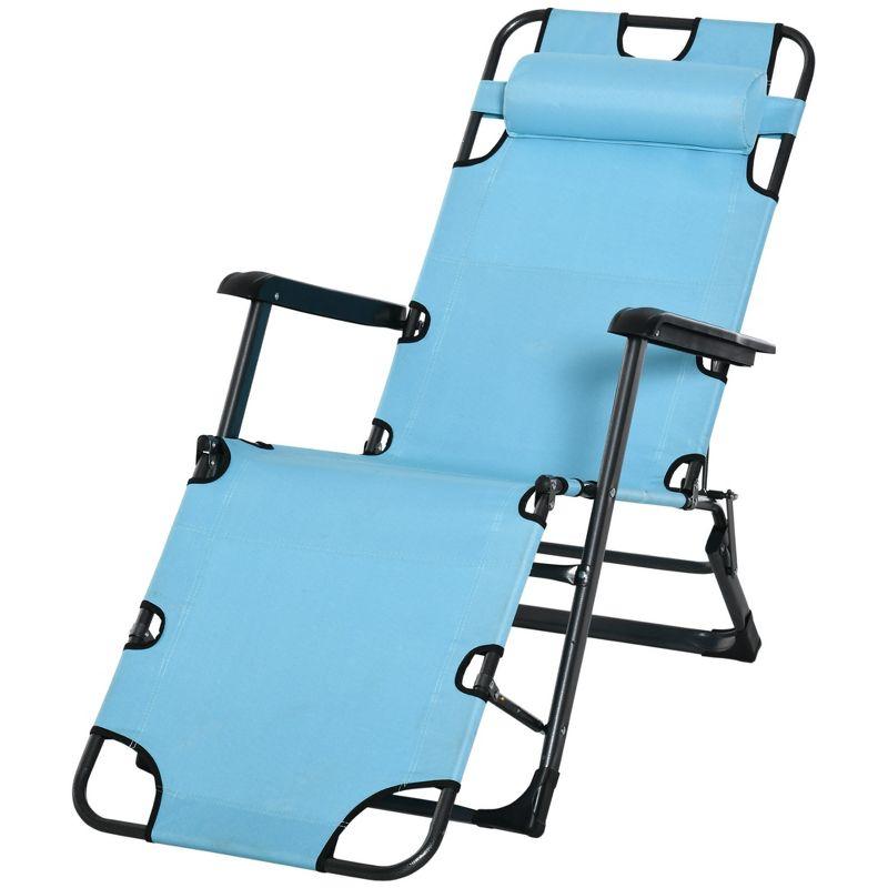 Outsunny Tanning Chair, 2-in-1 Beach Lounge Chair & Camping Chair w/ Pillow & Pocket, Adjustable Chaise for Sunbathing Outside, Patio, Poolside, Blue