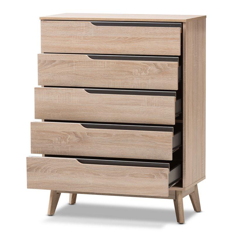 Fella Mid-Century Modern Two-Tone Wood 5 Drawer Chest Brown - Baxton Studio: Oak & Gray Finish, Bedroom Storage