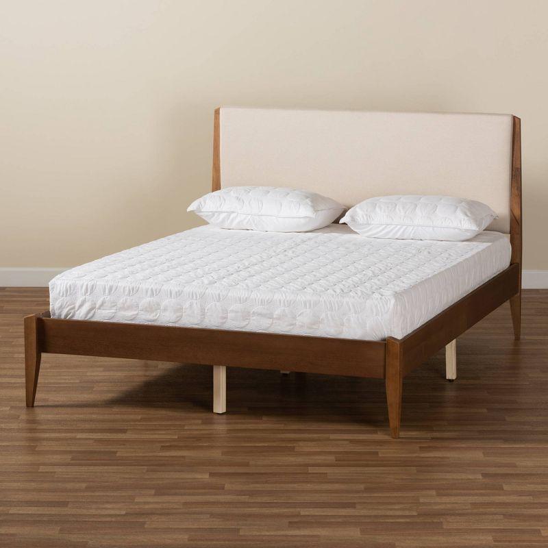 Full Lenora Wood Platform Bed Walnut Brown/Beige - Baxton Studio: Upholstered Headboard, No Box Spring Required